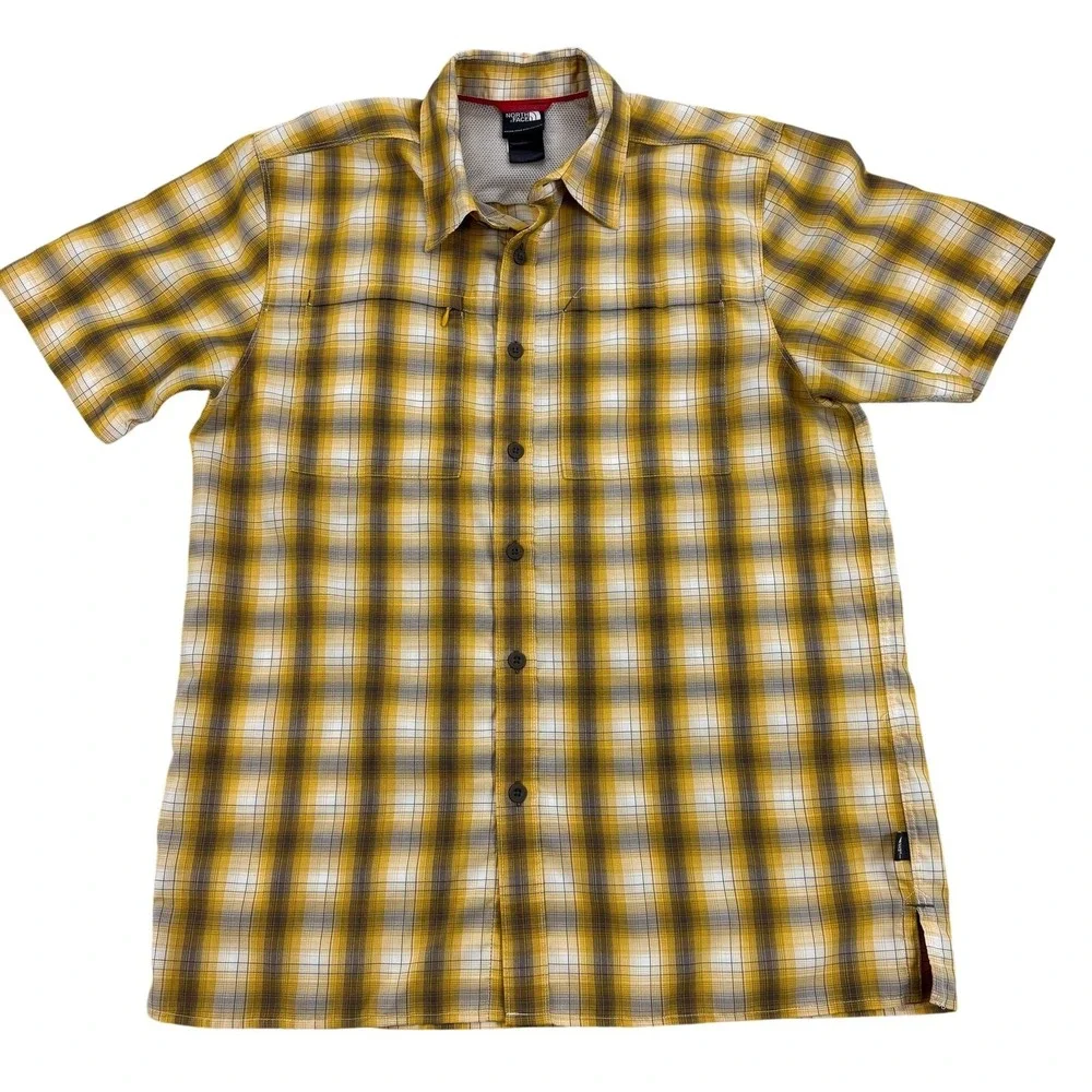 The North Face Shirt Mens Medium Yellow Plaid Short Sleeve Hiking Outdoor Camp